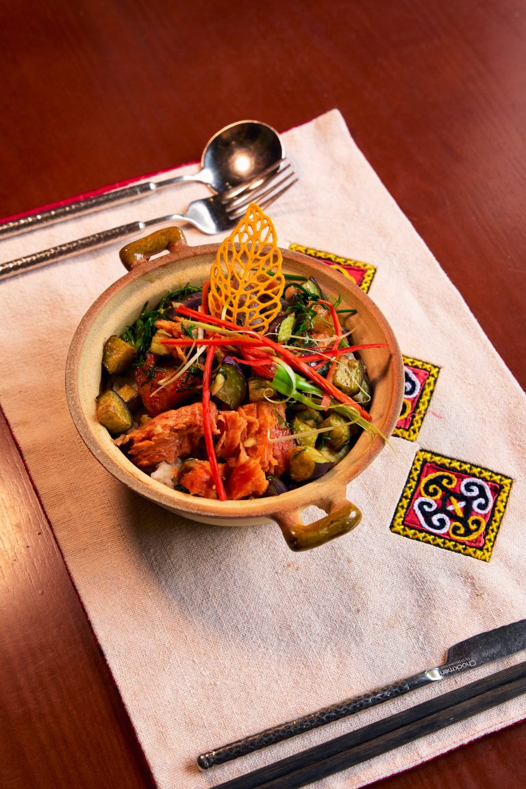 Stir-fried Eggplant With Salmon, Served With Rice