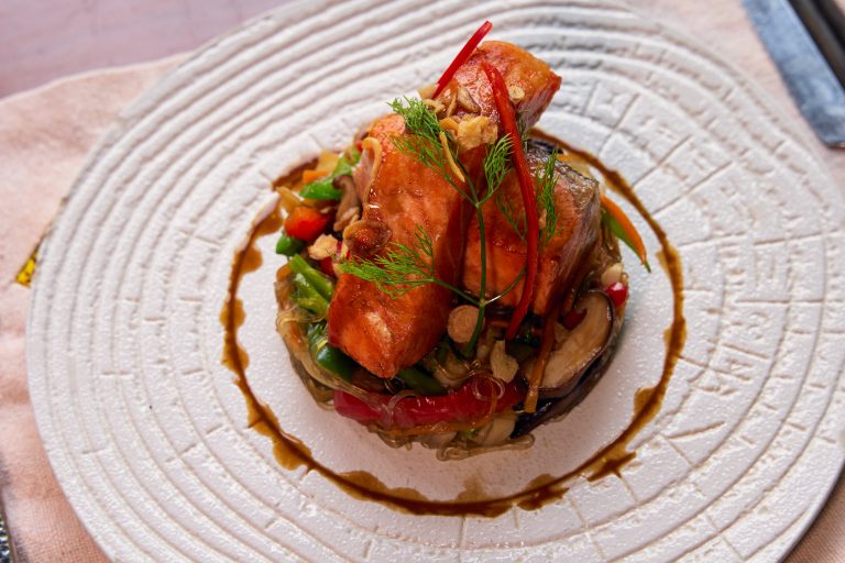 Pan-Fried Salmon Served With Noodie